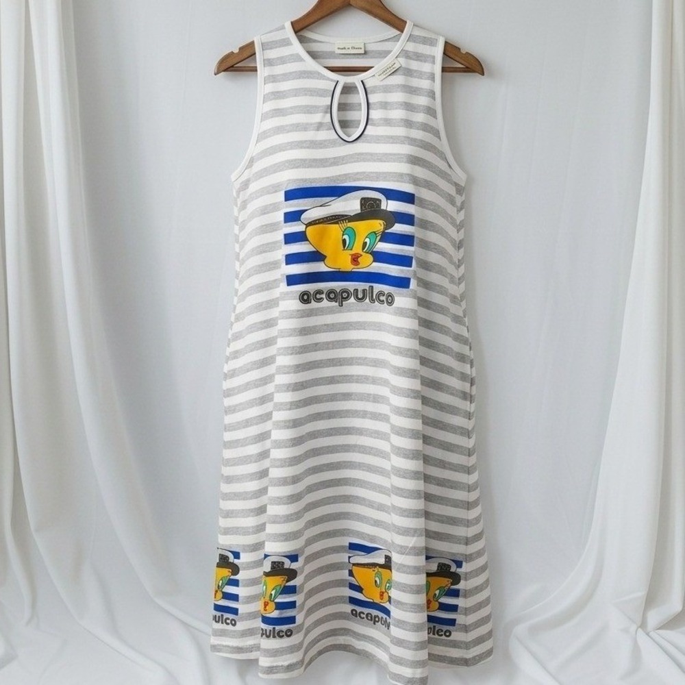 Tweety Bird‎ Looney Tunes Midi Dress XL Nautical Striped Keyhole Beach